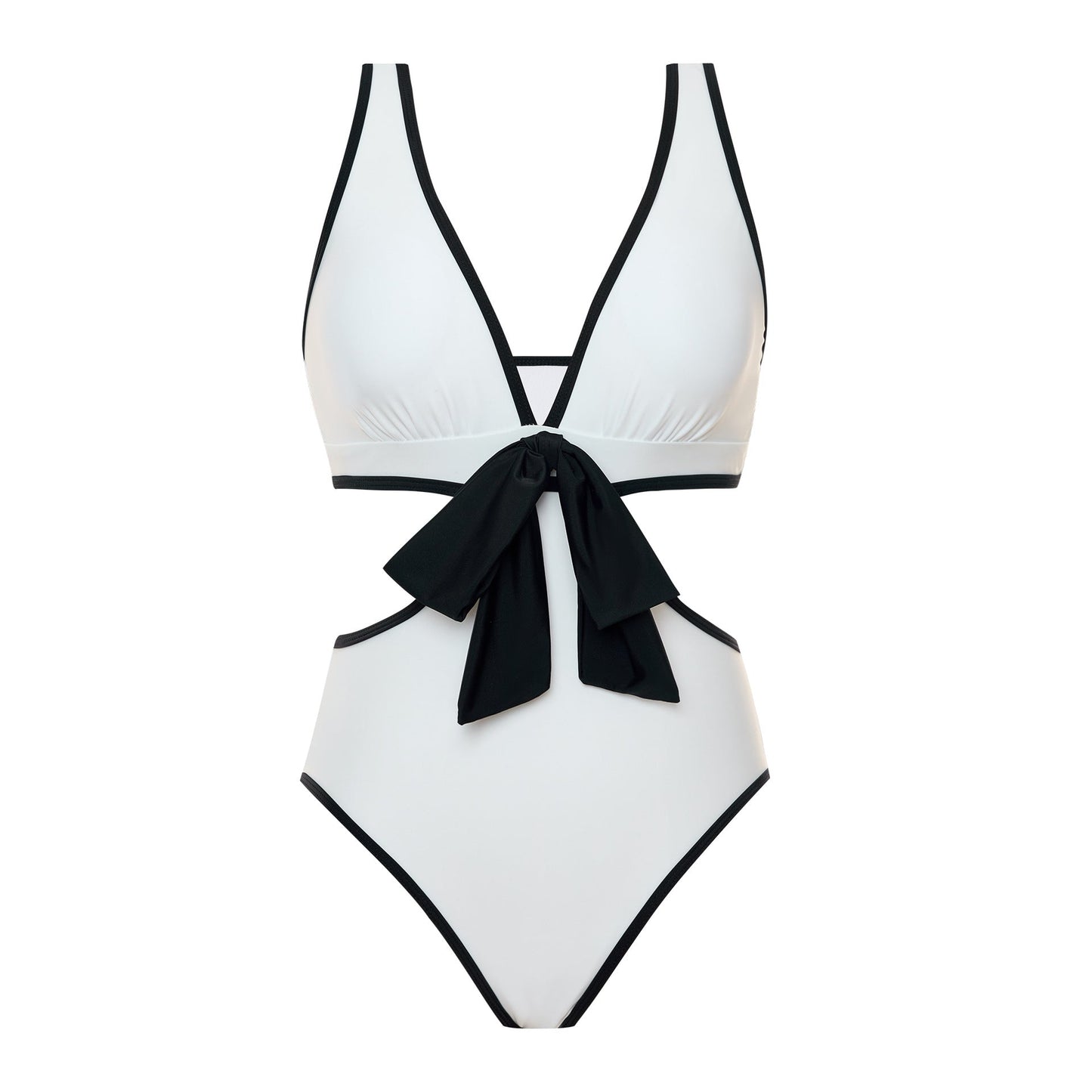 Sexy Swimsuit Women Slim Fit Slimming Siamese Triangle Solid Color Black White Patchwork Nylon Swimsuit