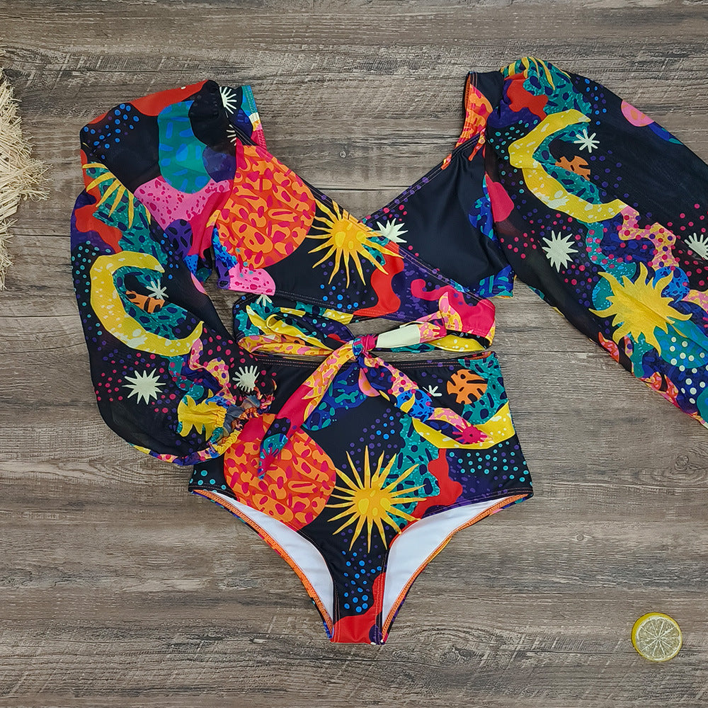 High Waist Split Long Sleeve Swimsuit Women Sexy Backless Cross Strap Deep V Plunge Bikini