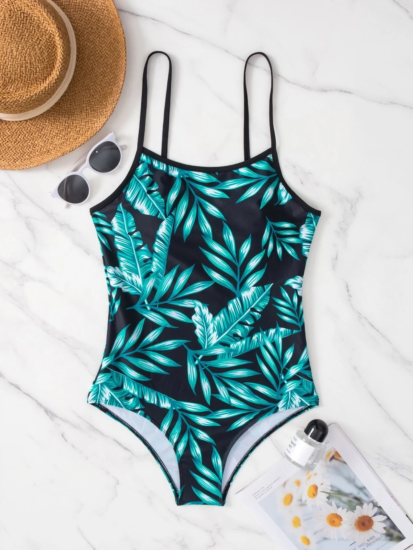 Leaf Printing Women Swimsuit Triangle One Piece Bikini Conservative Swimwear