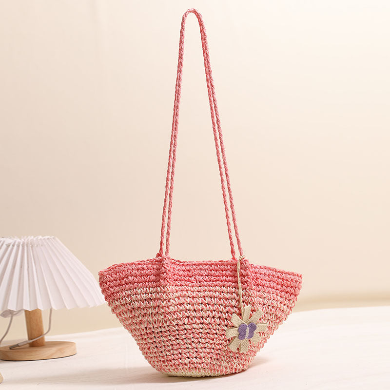 Fresh Floral Straw Bag Niche Gradient Color Straw Bag Woven Bag Vacation Beach Bag Shoulder Bag