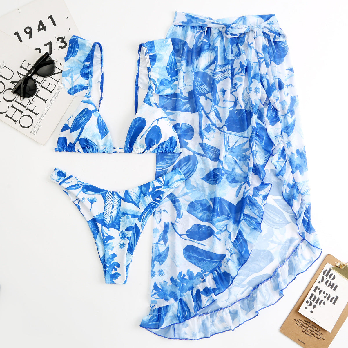 Women Printed Split Sexy Double Sided Mesh Triangle Bikini Swimsuit Three Piece Set