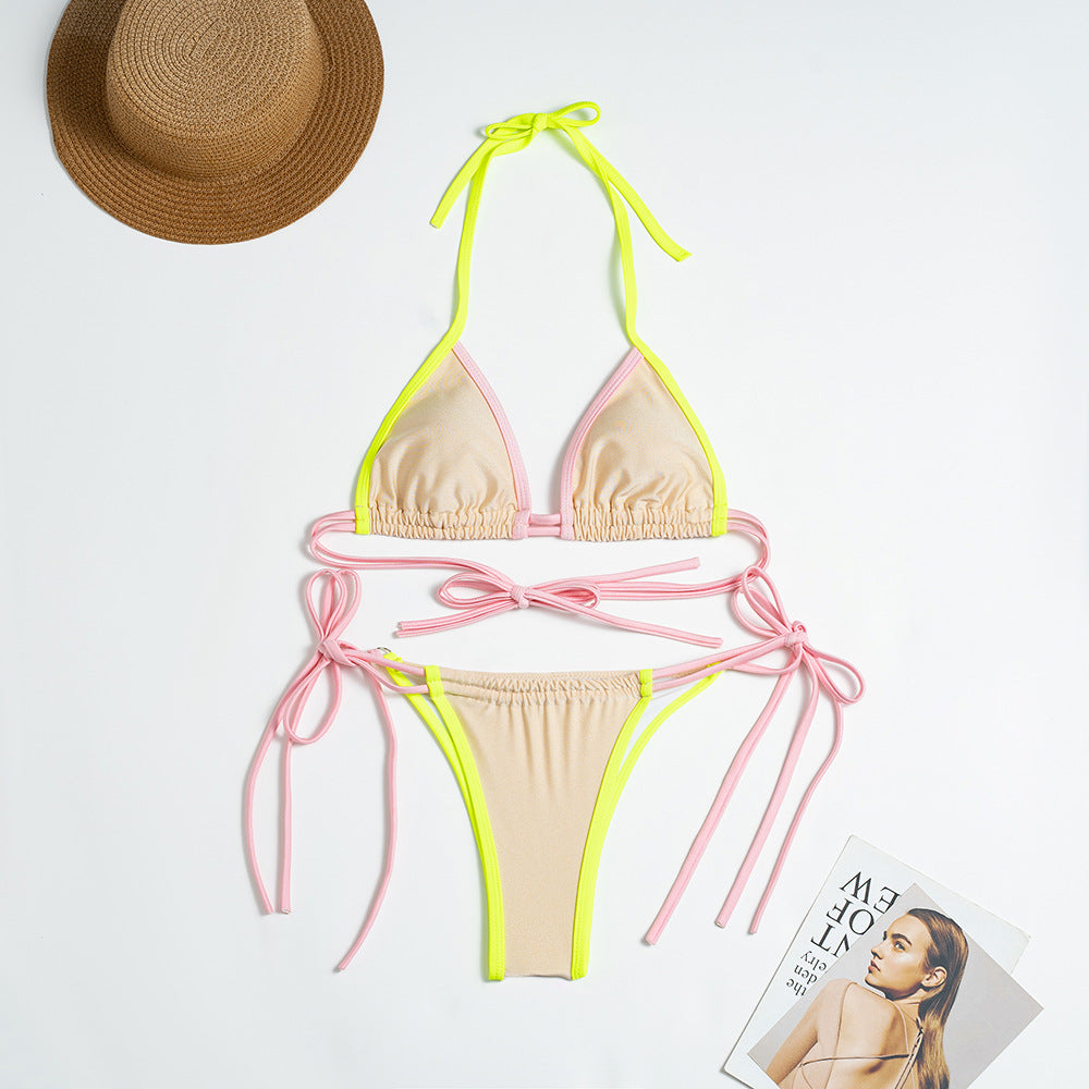 Solid Color Nylon Split Swimsuit Women Sexy Color Block Banded Bikini