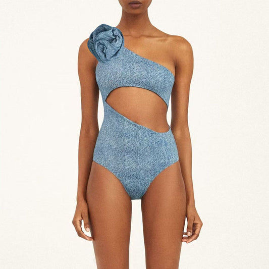 Popular Floral Decoration One Shoulder Hollow Out Cutout Soft Denim One Piece Swimsuit Women