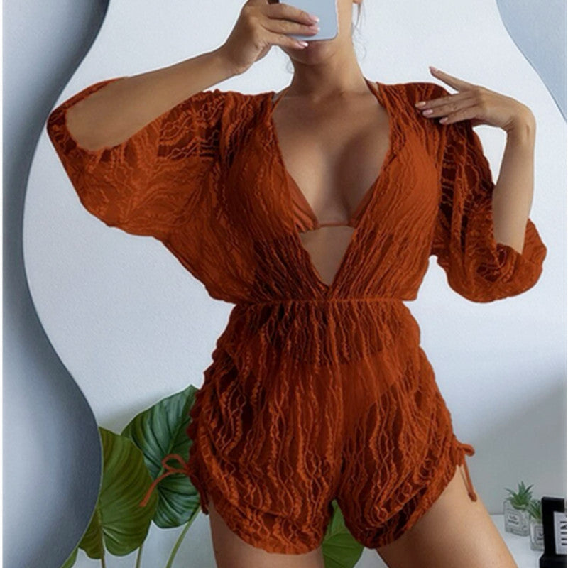 Long Sleeve Mesh Corset Swimsuit Women High Waist Drawstring Sun Protective Blouse Three Piece Bikini