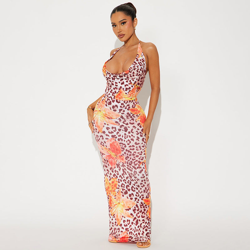 Women Clothing Dignified Floral Leopard Print Swing Collar Backless Rope Skinny Maxi Dress