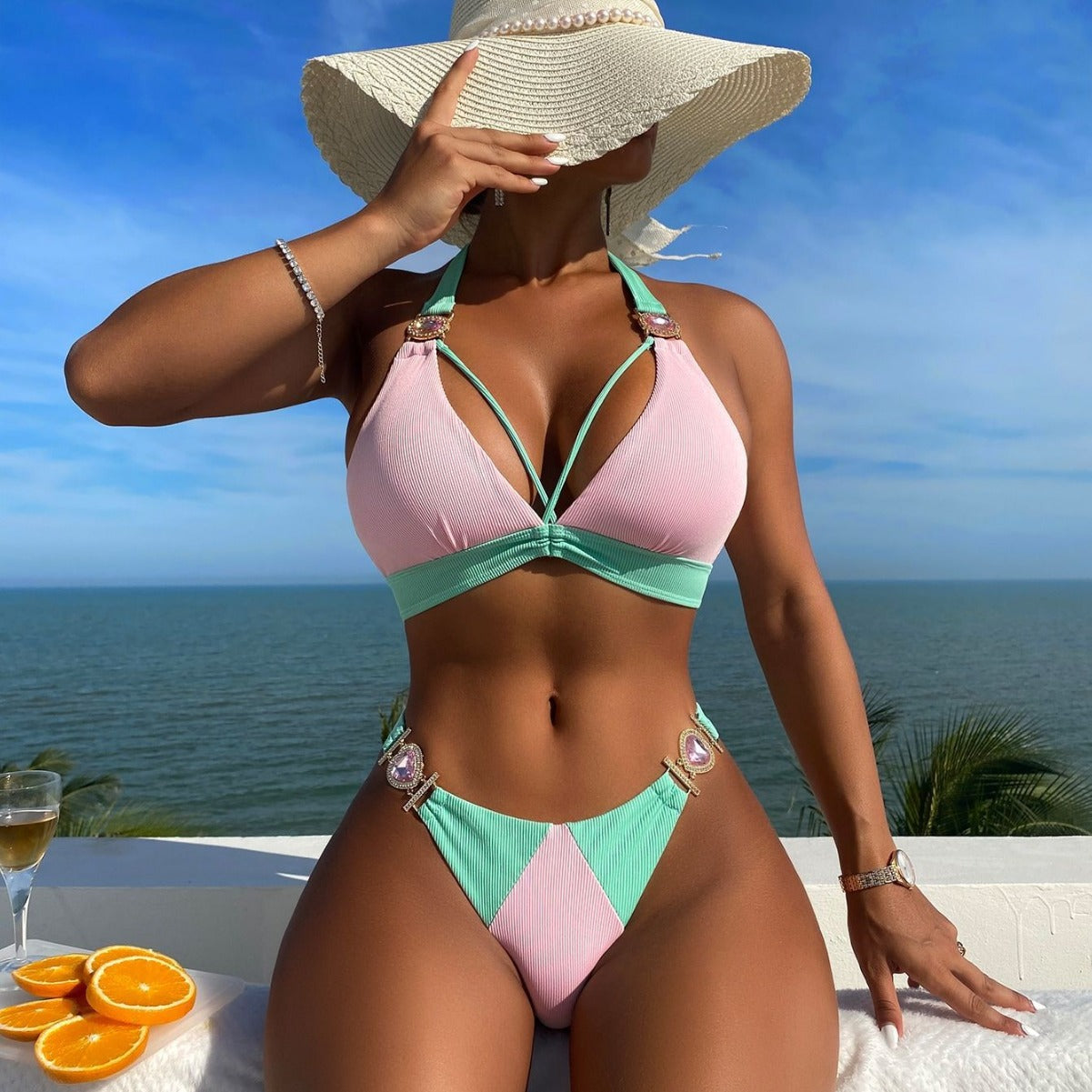 Color Matching Lace up Sunken Stripe High Waist Bikini Sexy Split Swimsuit