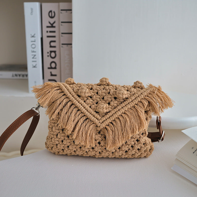 Beanie Crossbody Cotton Thread Woven Bag Women Tassel Bag Cover Shoulder Straw Bag Vacation Beach Bag