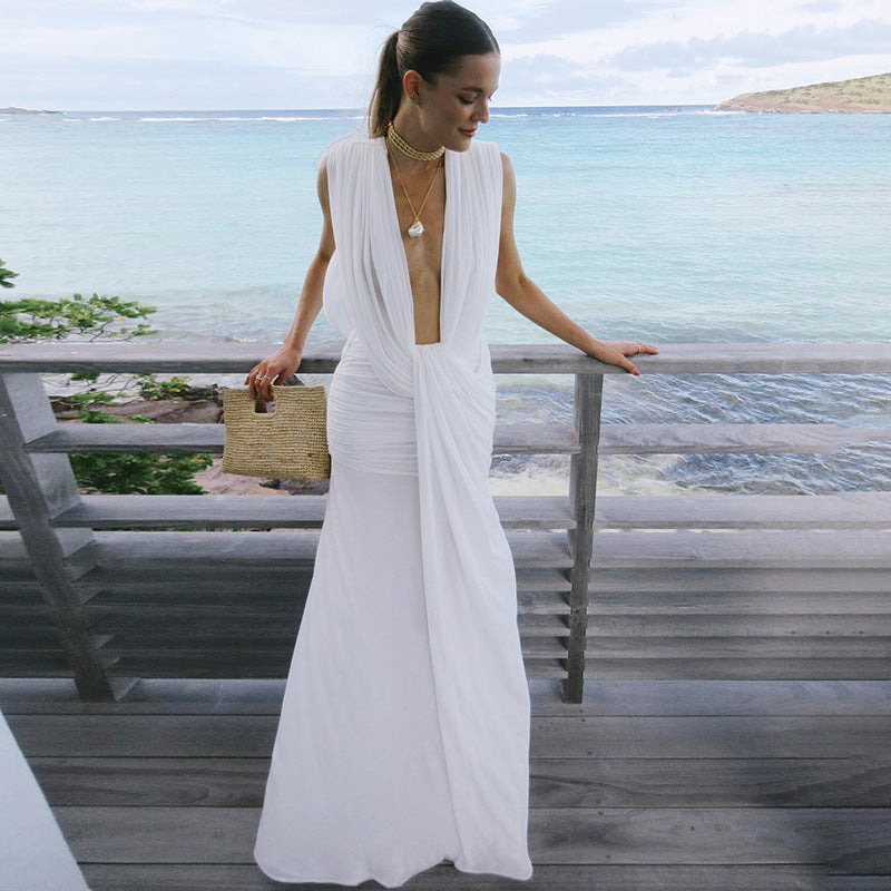 Summer Women Clothing Sexy Deep V Plunge neck High Waist Sheath Solid Color Dress Women