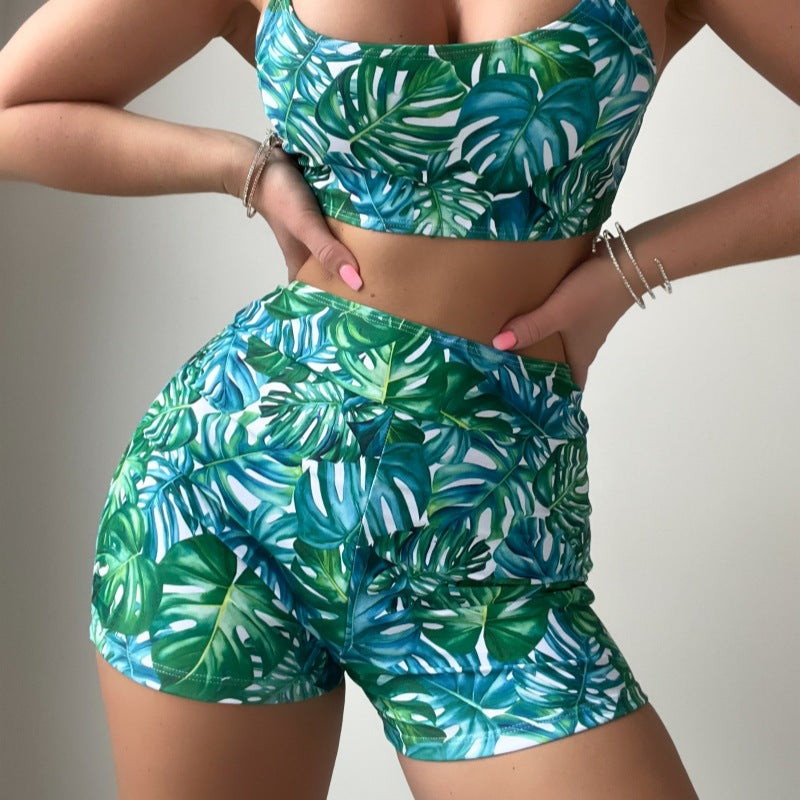 Tropical Plant Print Bikini Swimsuit Suit