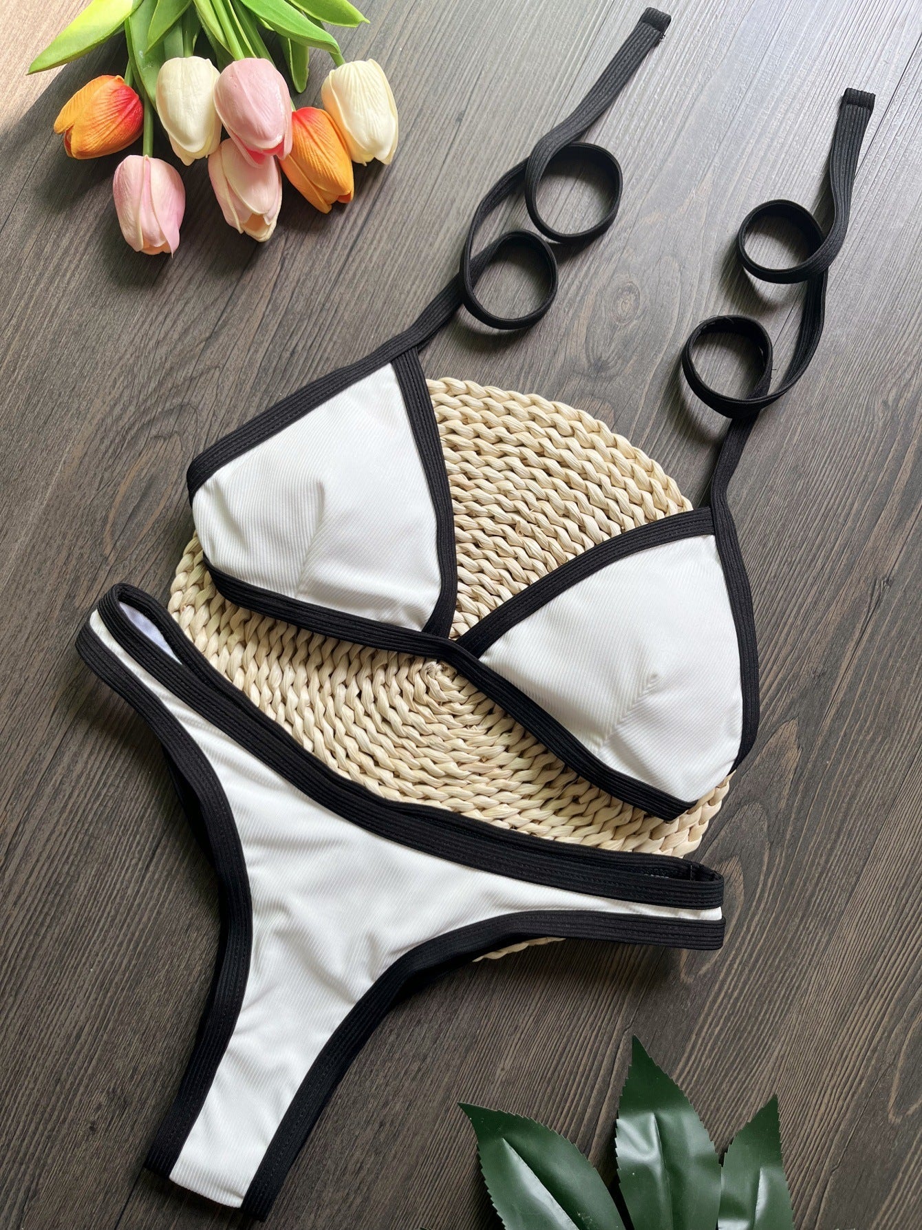 Sunken Stripe Black White Bikini Swimsuit Beach Sexy Women Swimsuit