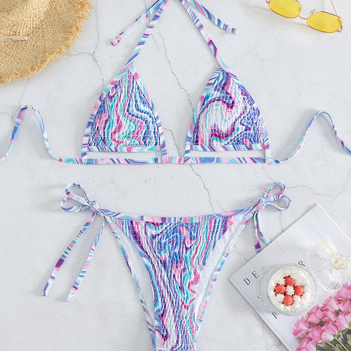 Split Bikini Sexy Backless Halter Bandage Women Swimsuit Swimwear Printing
