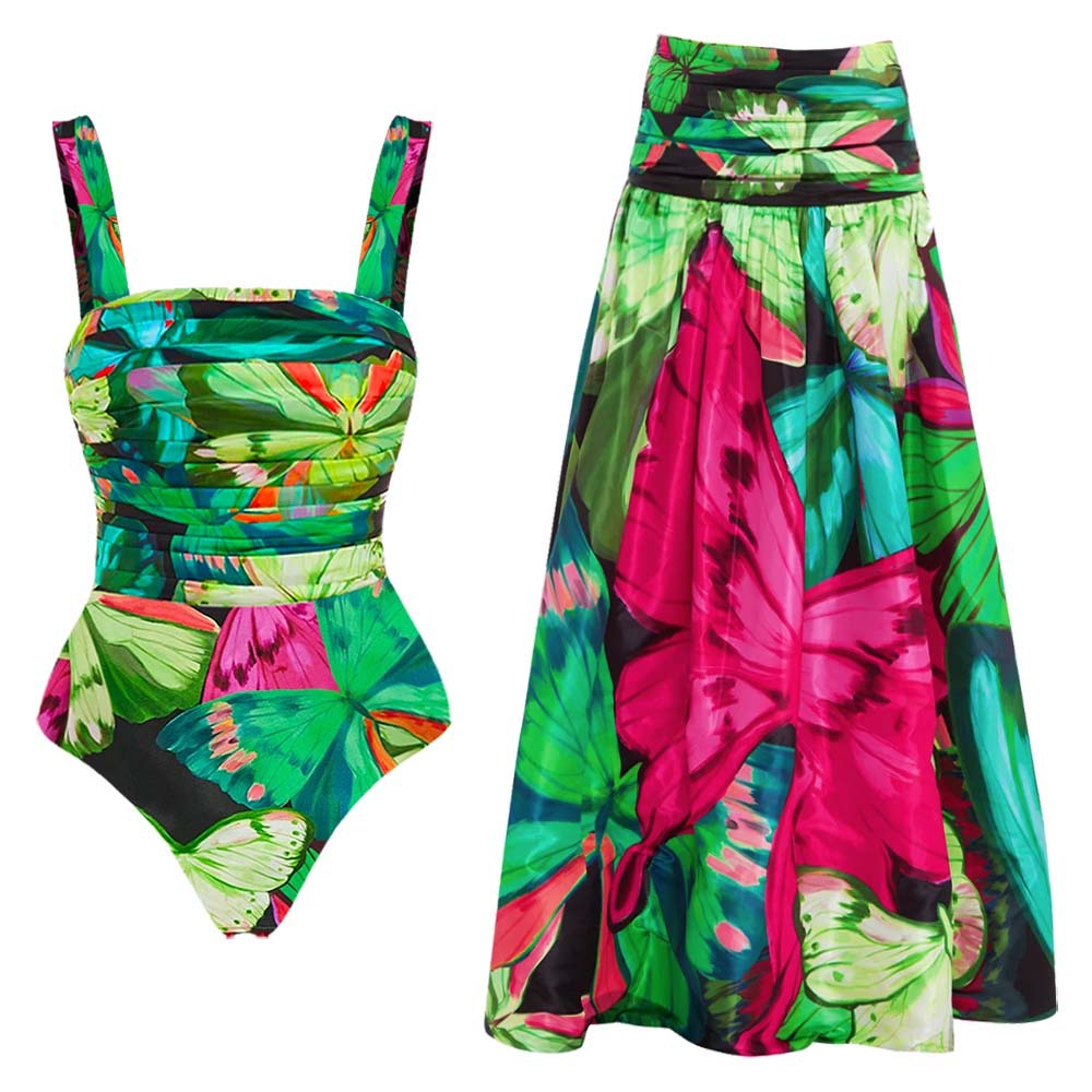 Butterfly Print One Piece Swimsuit Women Umbrella Skirt Sets