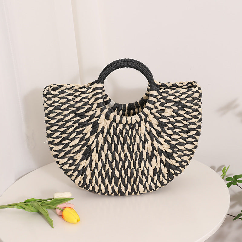 Niche Semicircle Portable Straw Weaved Bag Retro Color Hand Carrying Straw Bag Woven Bag Women Seaside Vacation Beach Bag