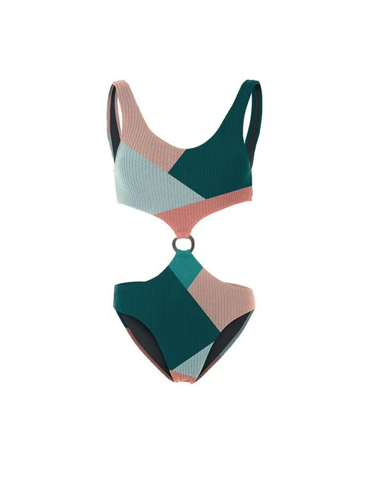 Contrast Color One Piece Bikini Two Piece Set Wishi Mesh Gauze Skirt Vacation Swimwear