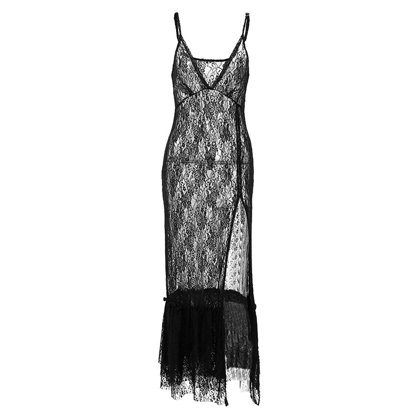 Sexy Black Brocade Lace Strap Maxi Dress Stitching Hollow Out Cutout out See through Dress