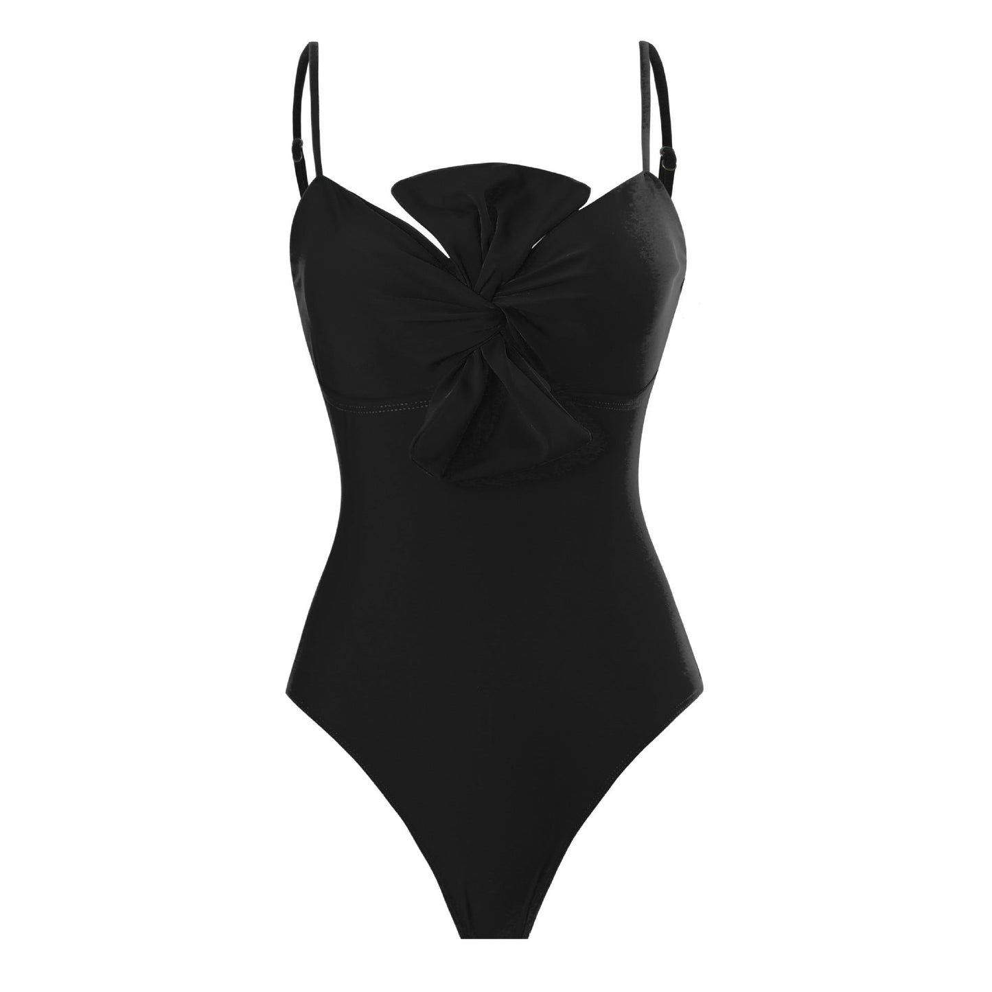 Bow Solid Color One Piece Women Swimwear Suit French Retro Cover Belly Slimming Swimsuit