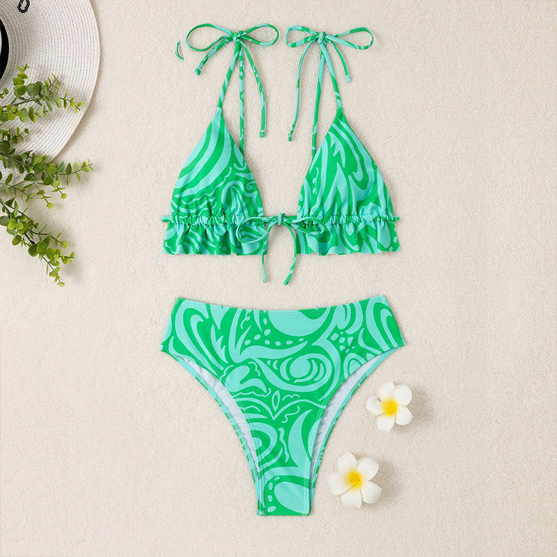 Sexy Bikini Swimsuit Printed Lace up Bikini Spring Beach Swimsuit Women