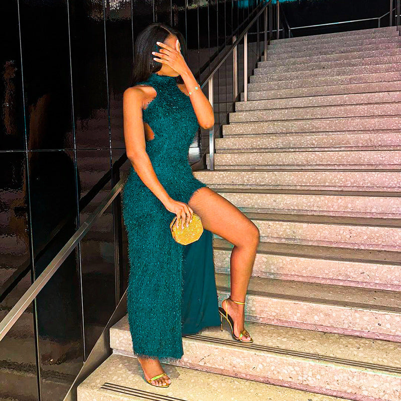 Halter Fur Texture Split Backless Dress Women Sexy Slim Fit Hip