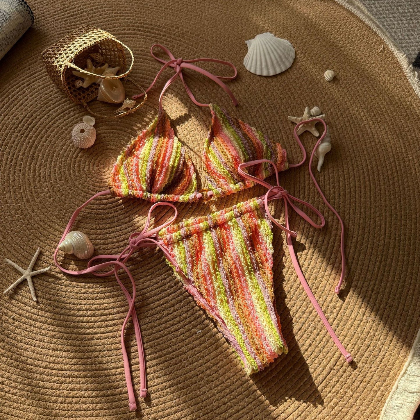 Contrasting Color Jacquard Sexy Drawstring Tied Swimsuit Bikini
