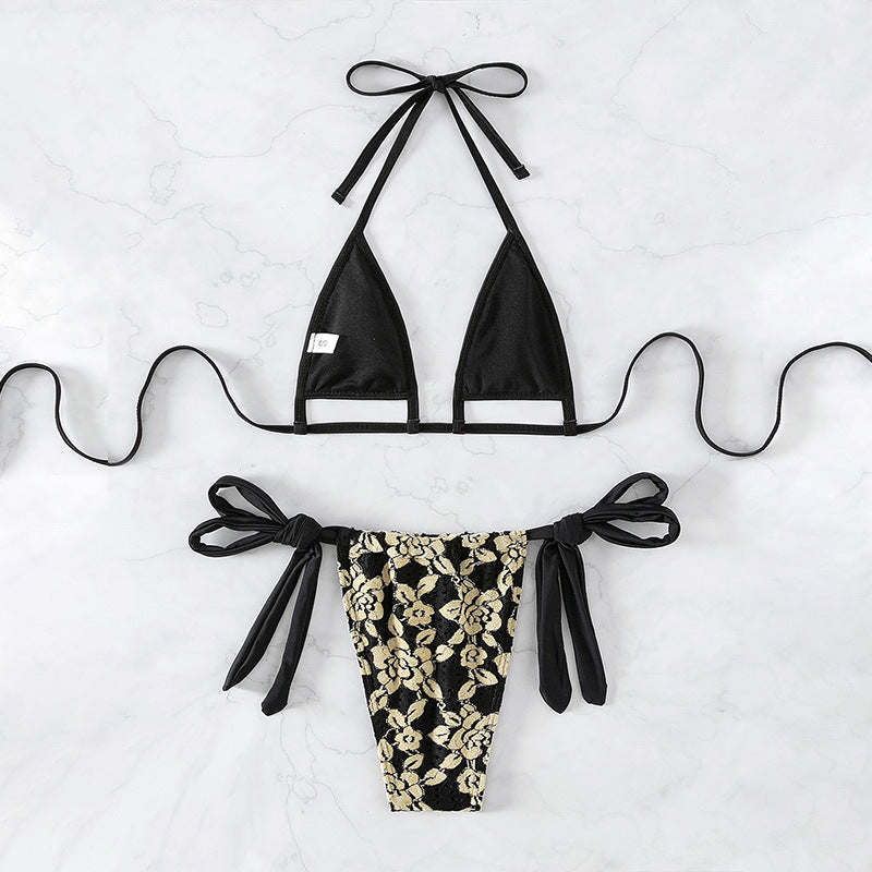 Swimwear Women Lace up Halterneck Split Bikini Three Point Sexy Beach Swimsuit