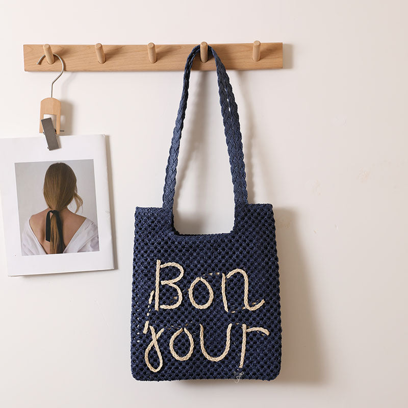 Letter Graphic Embroidery One Shoulder Straw Bag Hollow Out Cutout out Straw Bag Woven Bag Vacation Beach Bag Women Bag