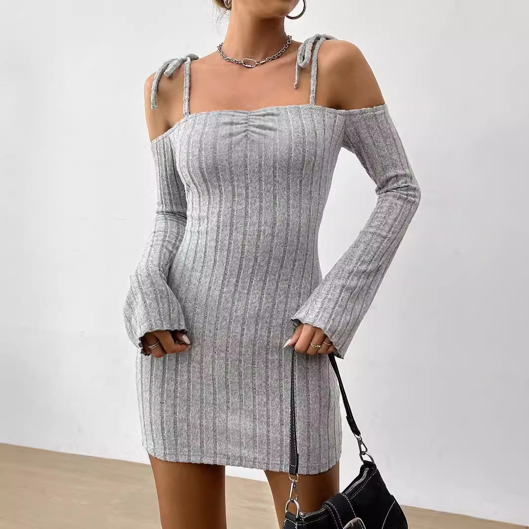 Women Clothing Adult Lady like Woman Lightly Mature Strap Sling Dress Autumn Winter Boat Collar Elegant Slim Fit