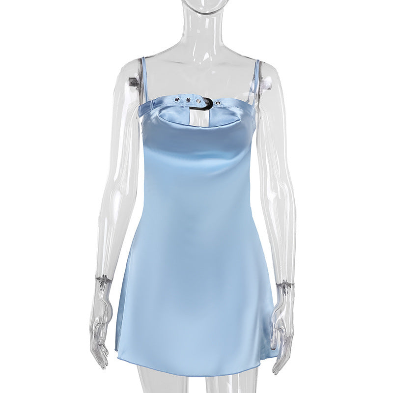 Summer Sexy Sexy Strap Adjustable Pocket Collar Satin Dress Women