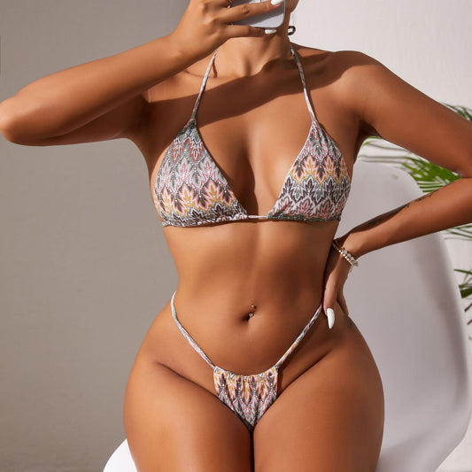 Bikini Solid Color Sexy Lacing T Back Split Swimsuit High Elastic Swimwear