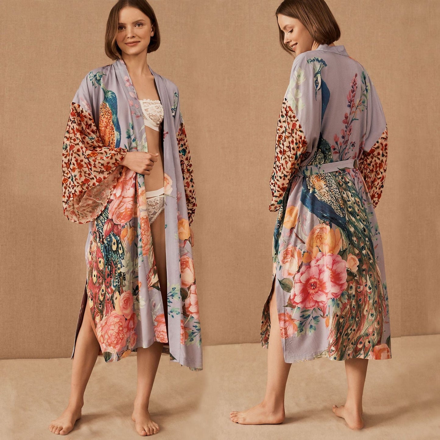 Peacock Positioning Printed Sunscreen Cardigan Seaside Vacation Baggy Coat Beach Cover Up Swimsuit Outwear Women
