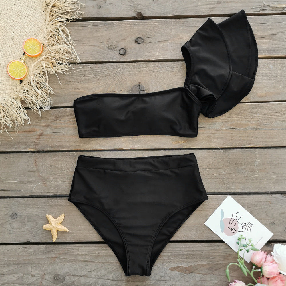 Pure Black Split Swimsuit Women Tube Top High Waist Single Shoulder Double Layer Ruffled Bikini