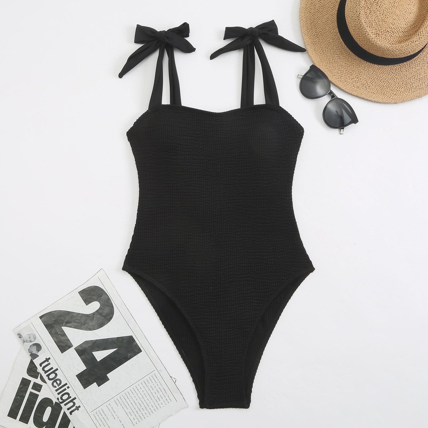 Pleated Wave Cloth One Piece Lace up Swimsuit Swimsuit Bikini