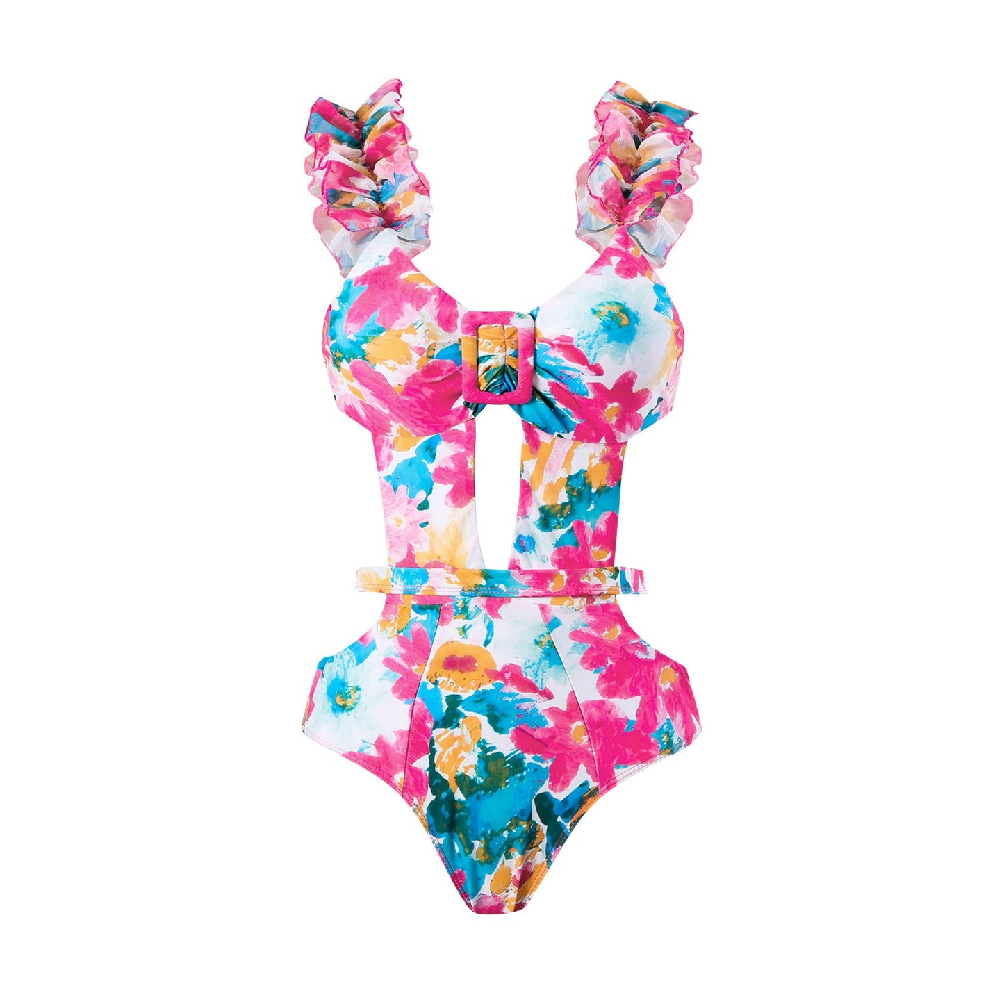 Siamese Conservative Swimsuit Printing Hollow Out Cutout Mesh Wrap Skirt Set Swimsuit