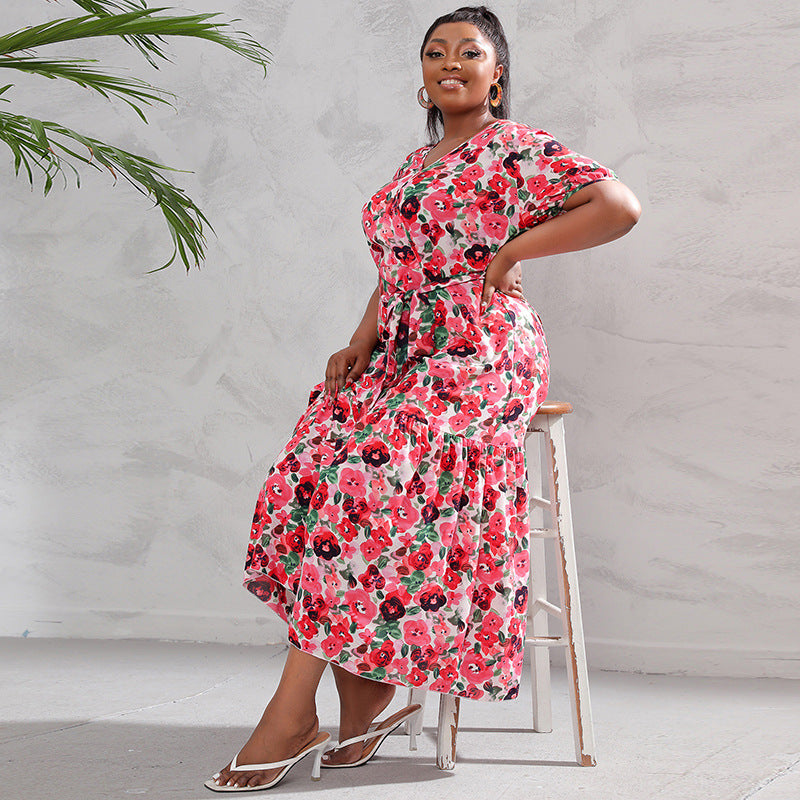 Plus Size Women Loose V neck Dress High Waist Dress Seaside Vacation Beach Dress