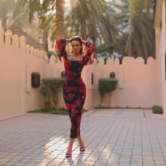 Women Clothing Tea Break Floral Print off Shoulder Slim Fit Hip Dresses