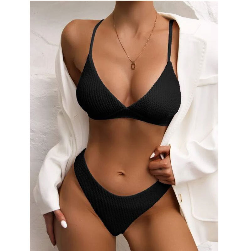 Women Seperated Swimwear Sunken Stripe Solid Color Sexy Bikini Swimsuit
