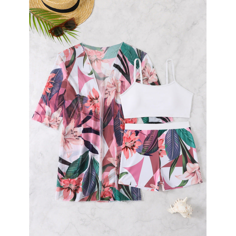 Swimsuit Women Print Casual Vacation Boxers Three Piece Sets Beach Cover up