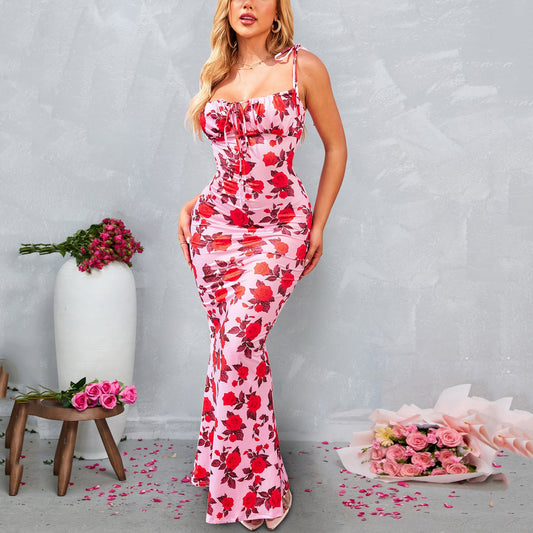 Milk Silk Dress Sexy Printed Lace up Backless Skinny Sheath Suspender Fishtail Drress