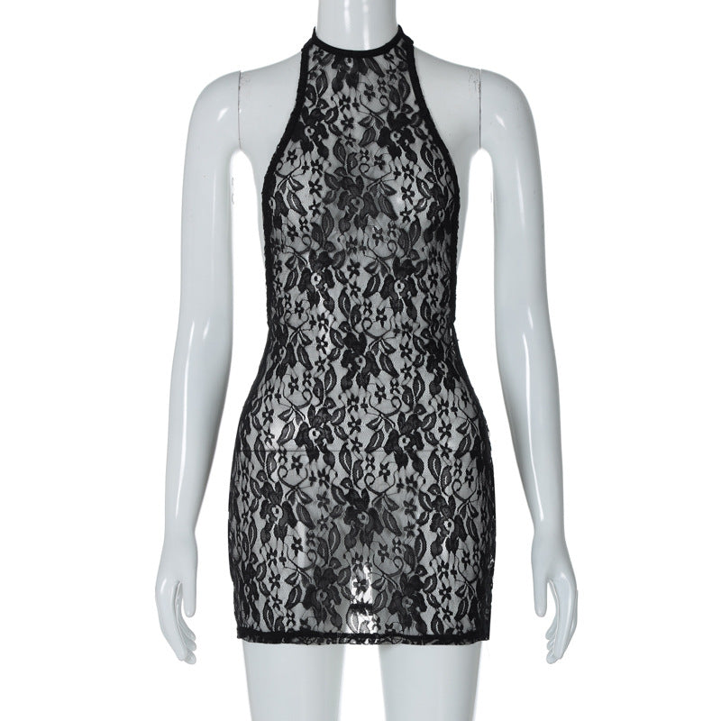 Sexy Lace Large Backless Sheath Slim Nightclub Essential Halter Dress