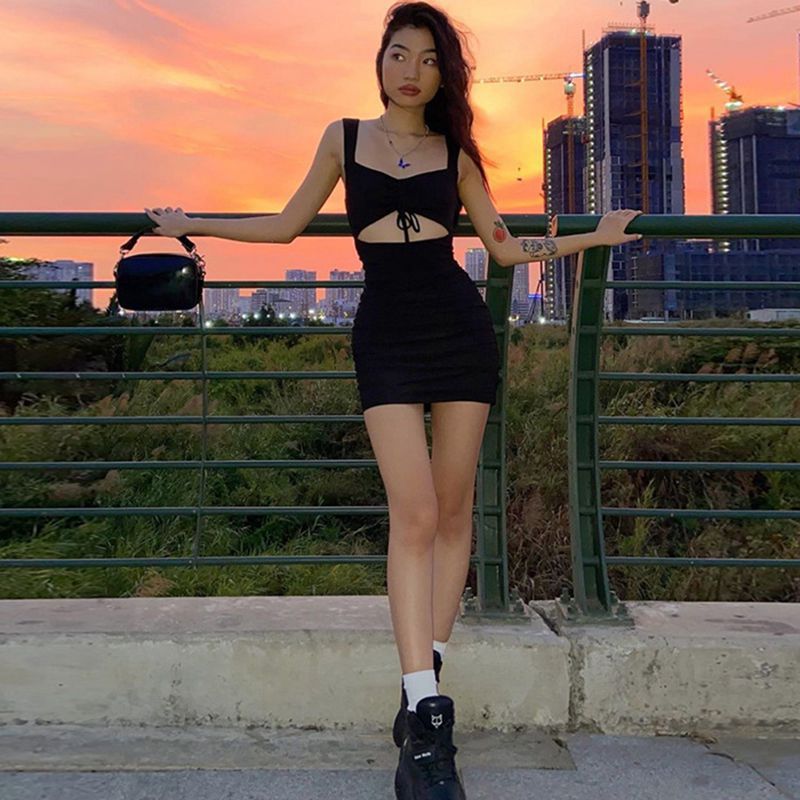 Summer Pleating Solid Color Tied Sexy Tight Sexy Strap Dress