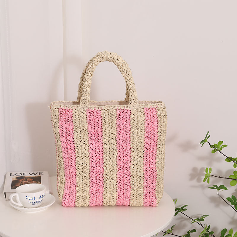 Vertical Stripes French Straw Bag Portable Contrast Color Straw Bag Woven Bag Women's Bag Seaside Vacation Beach Bag