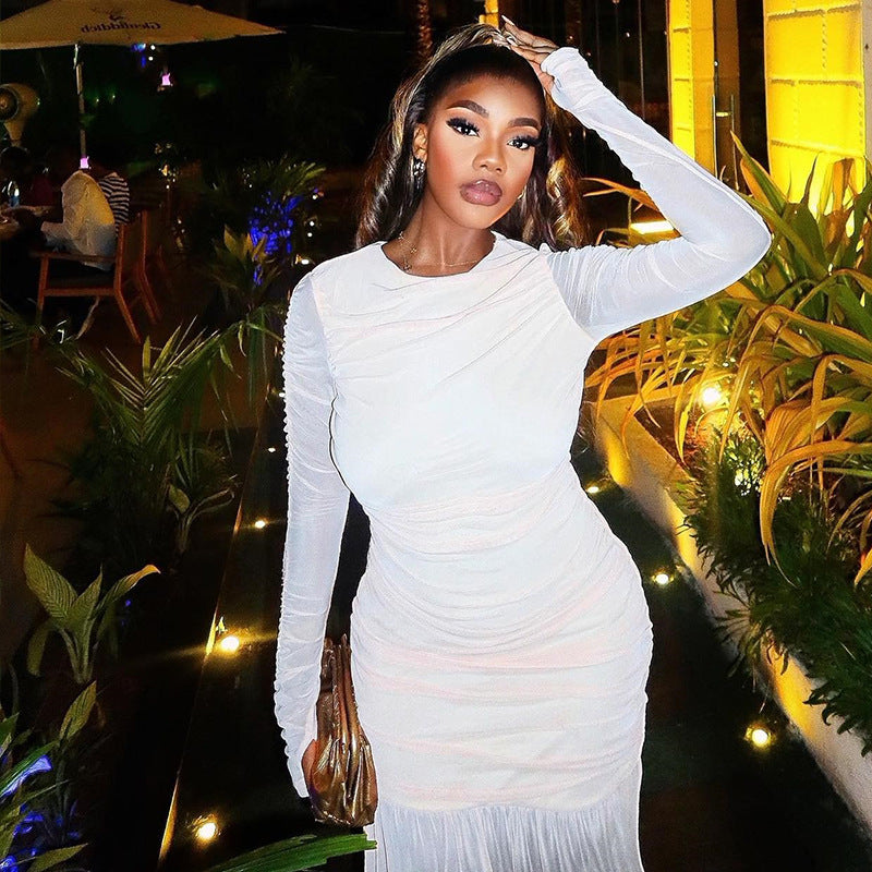 Women Clothing Solid Color Dress round Neck Long Sleeve Mesh Stitching Casual Dress