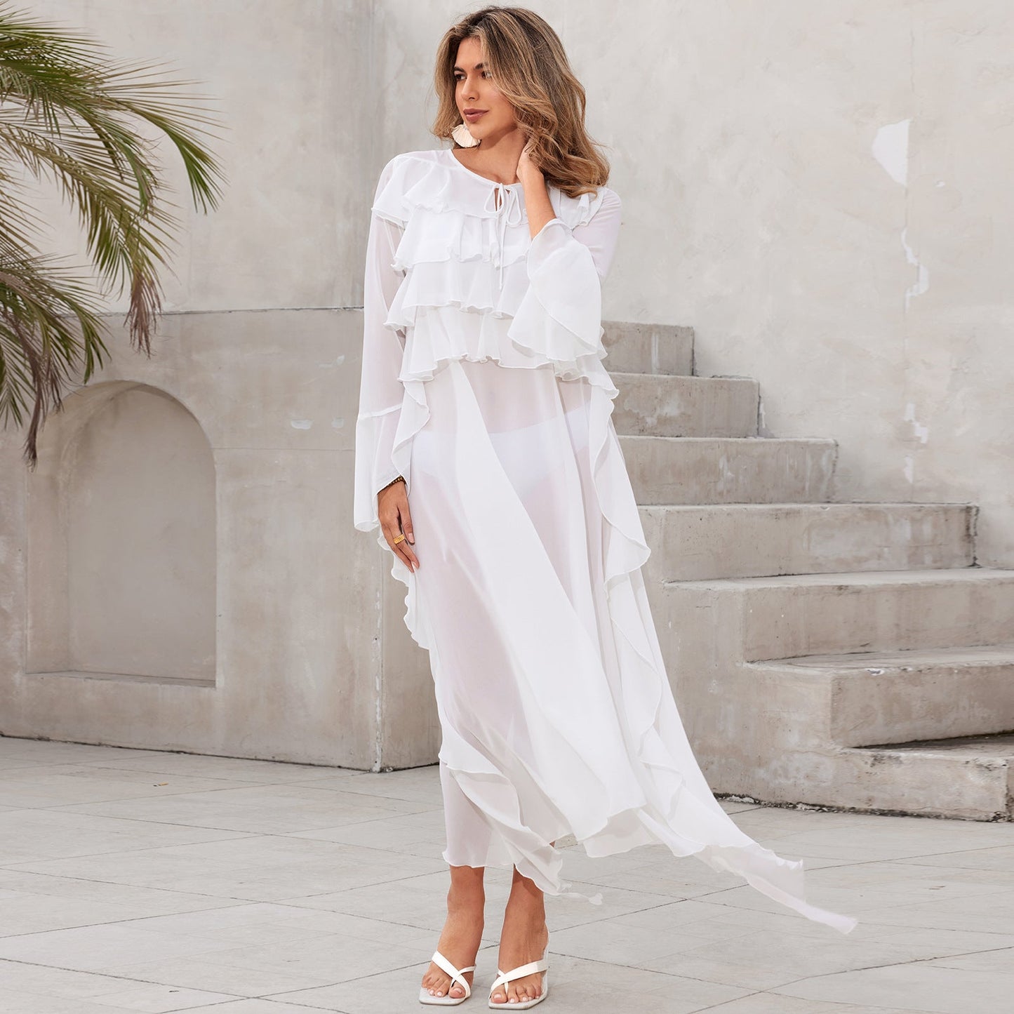 Beach Dress Women Chiffon Stacked Vacation Pullover Bikini Swimsuit Blouse Sun Protective Clothing