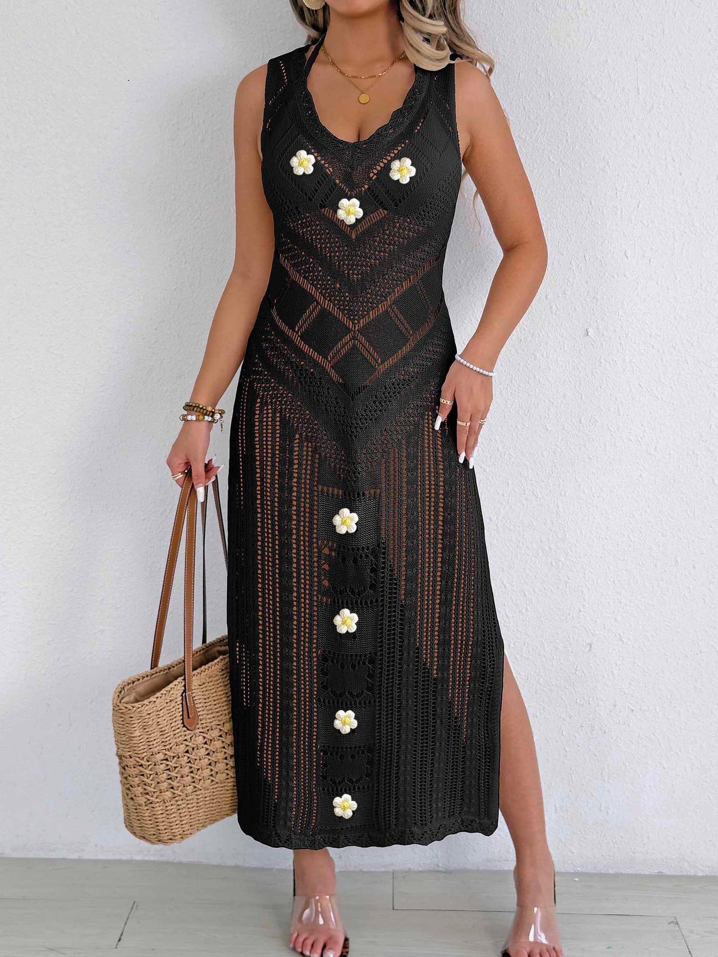 Beach Beach Cover Up Women Sexy Cutout Woven Shirt Vest Dress Hand Crocheted Stitching Holiday Dress