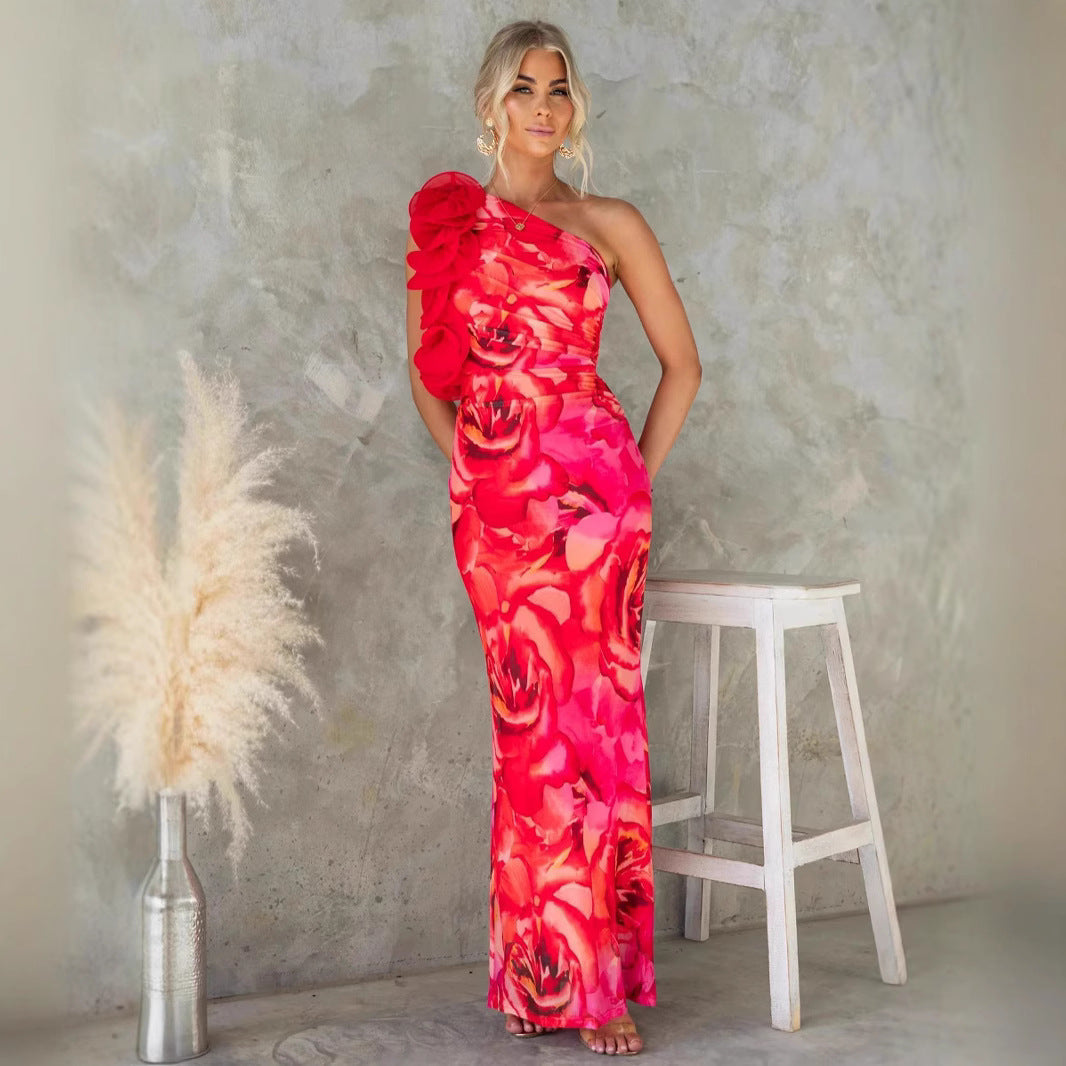 Women Clothing Summer Elegant Slim Sleeveless Three Dimensional Floral Sexy Dress