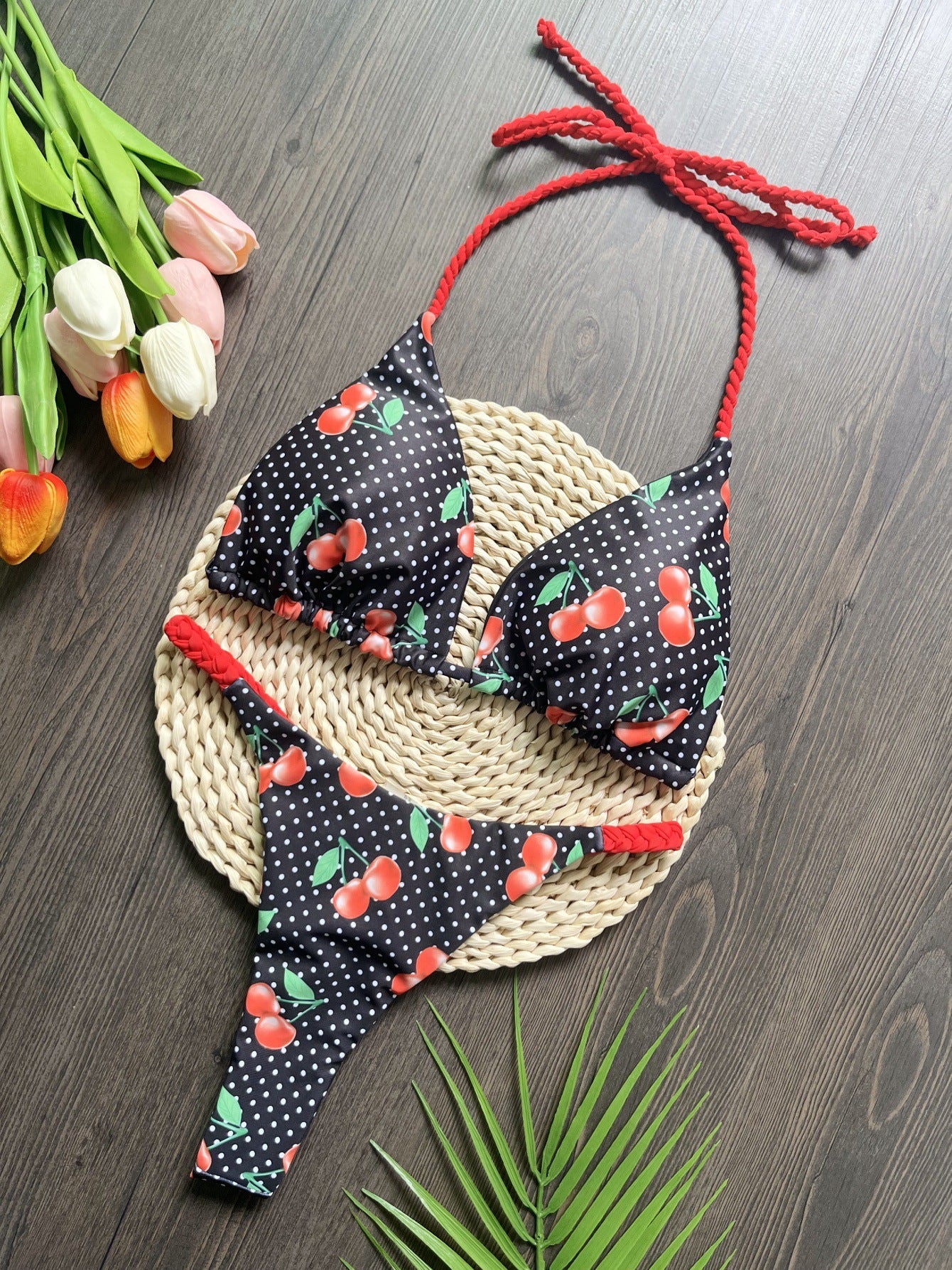Triangle Bag Braid Rope Bikini Printed Swimsuit Beach Sexy Women Swimsuit