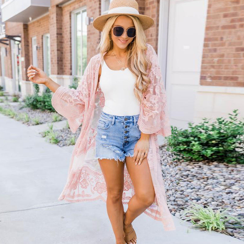 Sexy Grape Silk Embroidered Seaside Vacation Sun Protection Clothing Beach Jacket Bikini Swimsuit Outwear Cardigan for Women