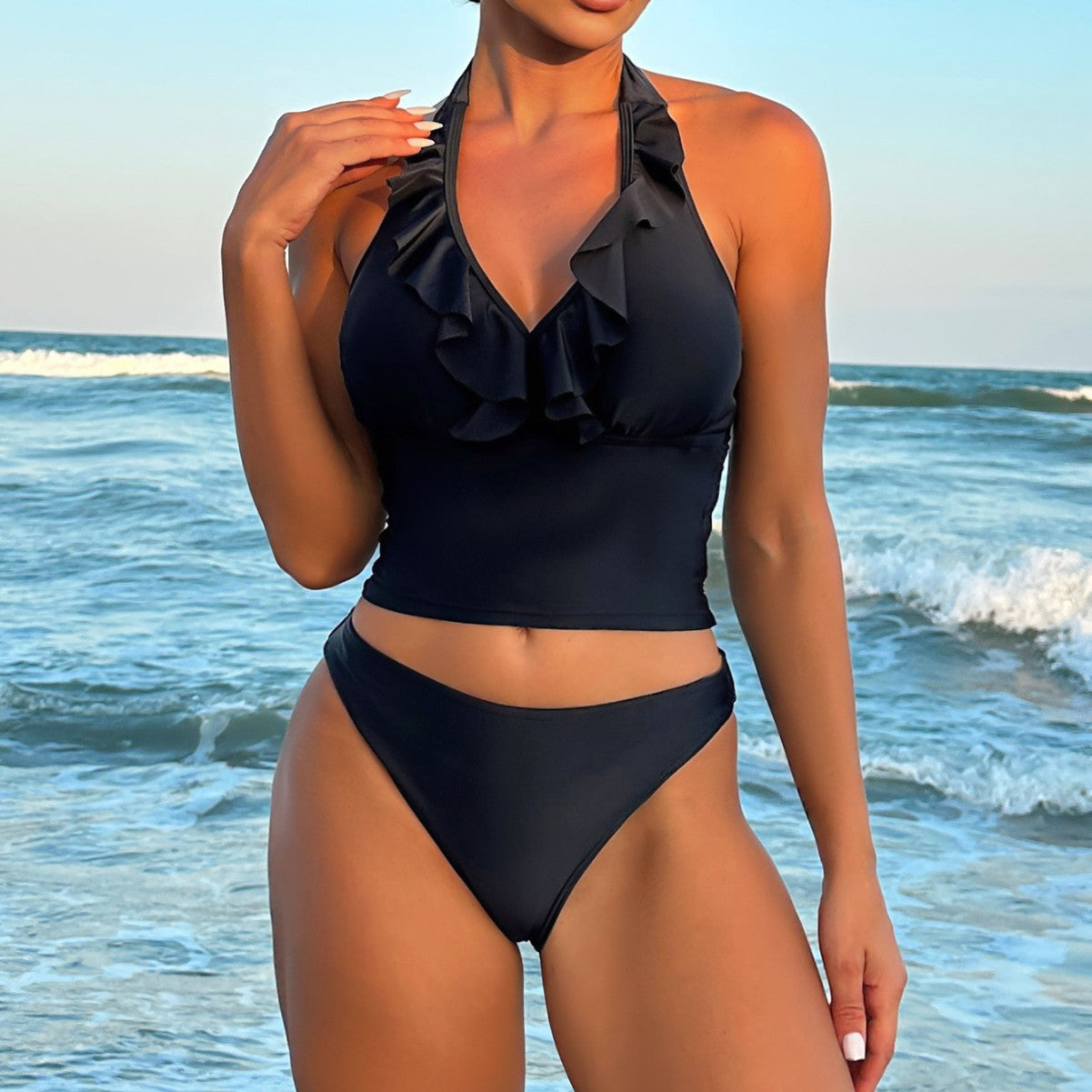 Tankini Solid Color V neck Lace up Sexy Split Bikini Swimsuit Women Swimwear