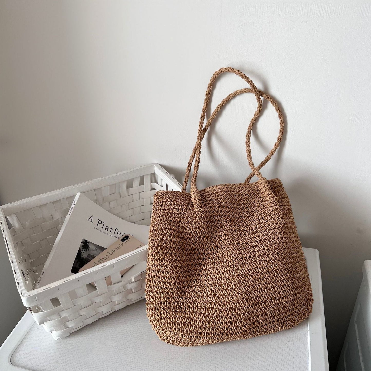 Sac en paille à une épaule, grande capacité, portable, simple, décontracté, tissé, pour vacances à la mer, plage, en rotin, pour femmes 