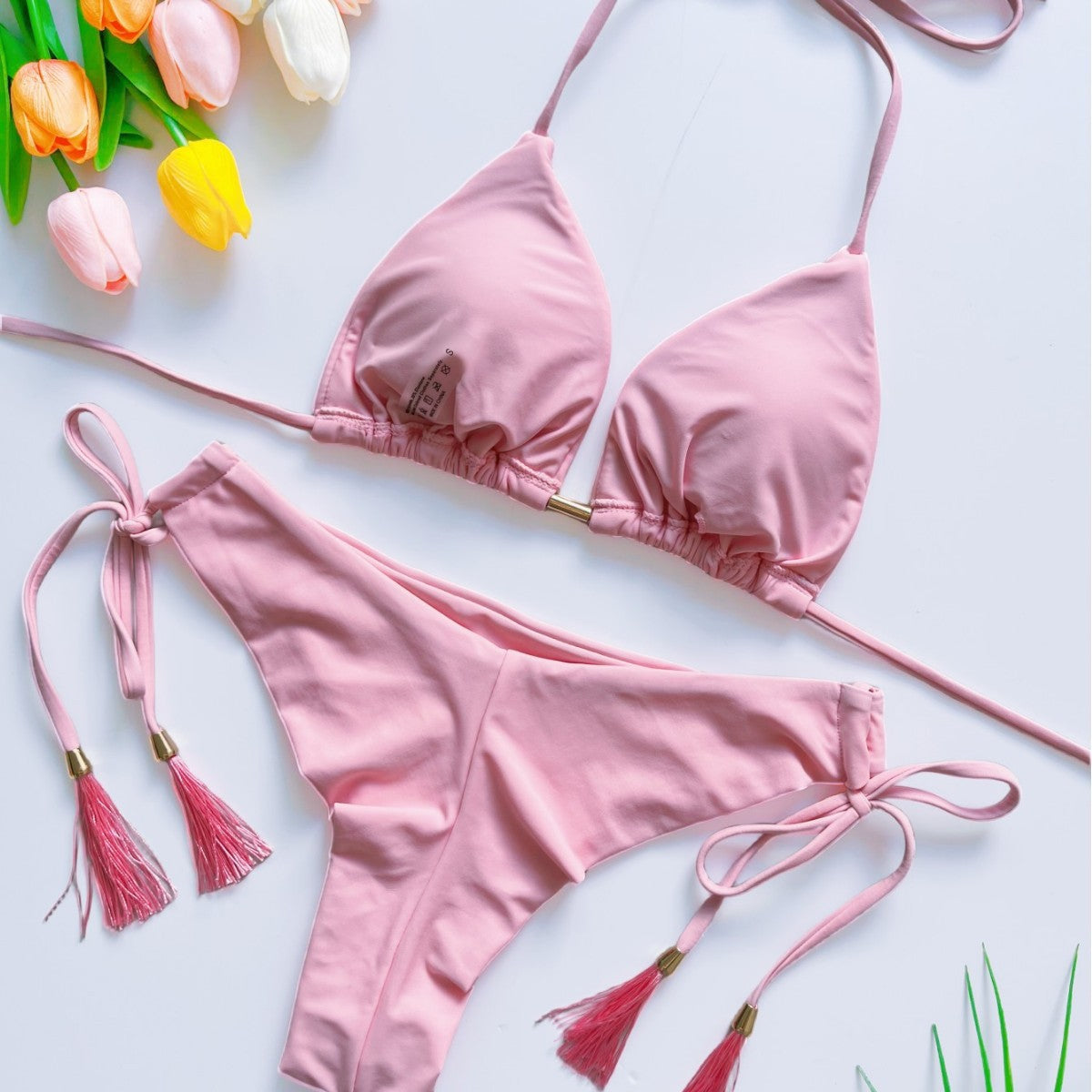 Tassel Solid Color Bikini Swimsuit Set Beach Sexy Women Swimsuit