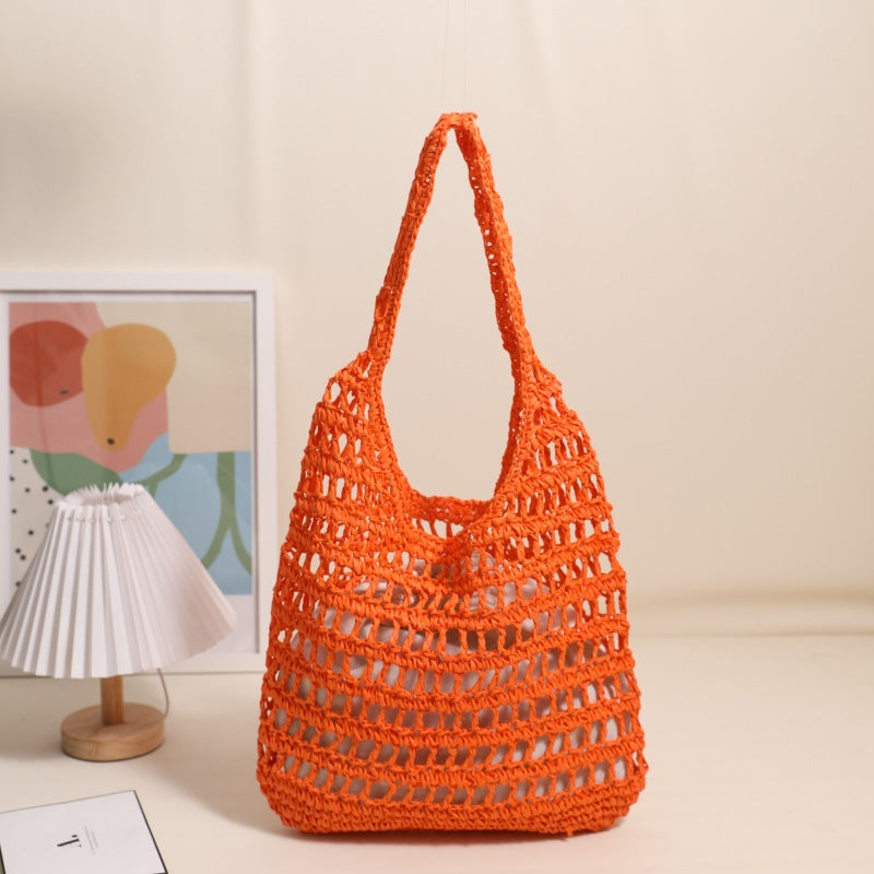 French Large Capacity Shoulder Straw Bag Hollow Out Cutout Tote Portable Straw Bag Woven Bag Seaside Vacation Beach Bag